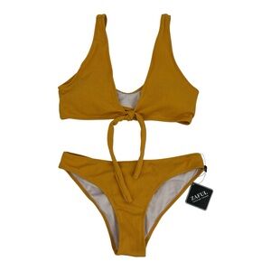 NWT’S Zaful bikini ribbed gold V-neck tie-front top matching high-cut bottoms 8